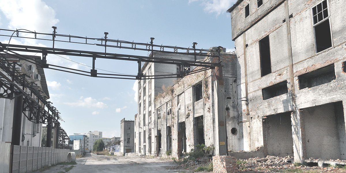 ruined city, destroyed street block